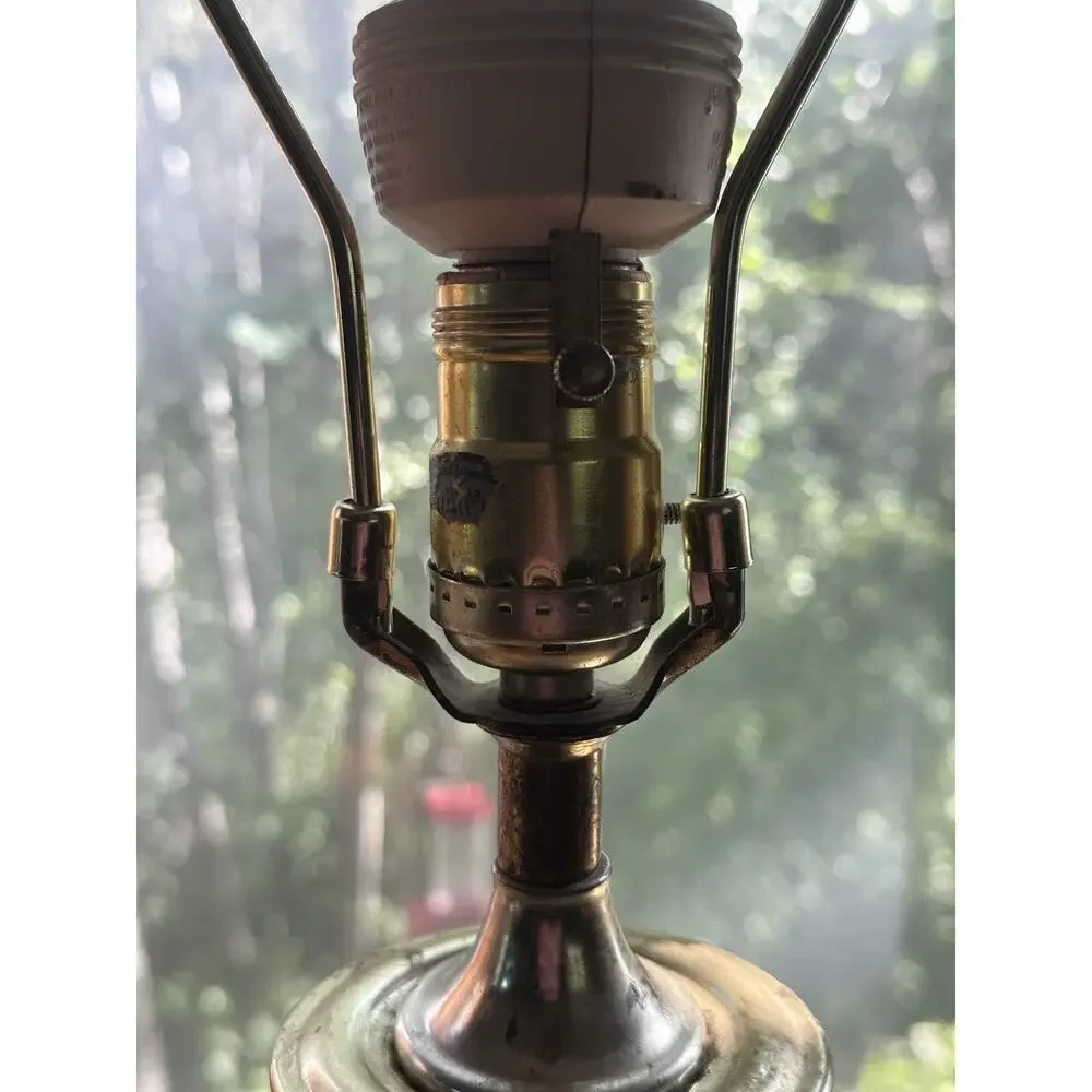 Vintage Diamond Optic Amber Glass Table Lamp Brass Wood Mid Century